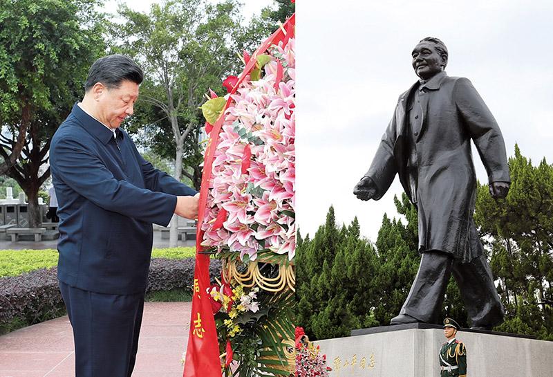 2020年10月14日，习近平总书记向深圳莲花山公园邓小平同志铜像敬献花篮。